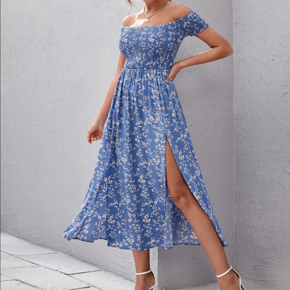 Boho floral shirred off shoulder thigh slit dress